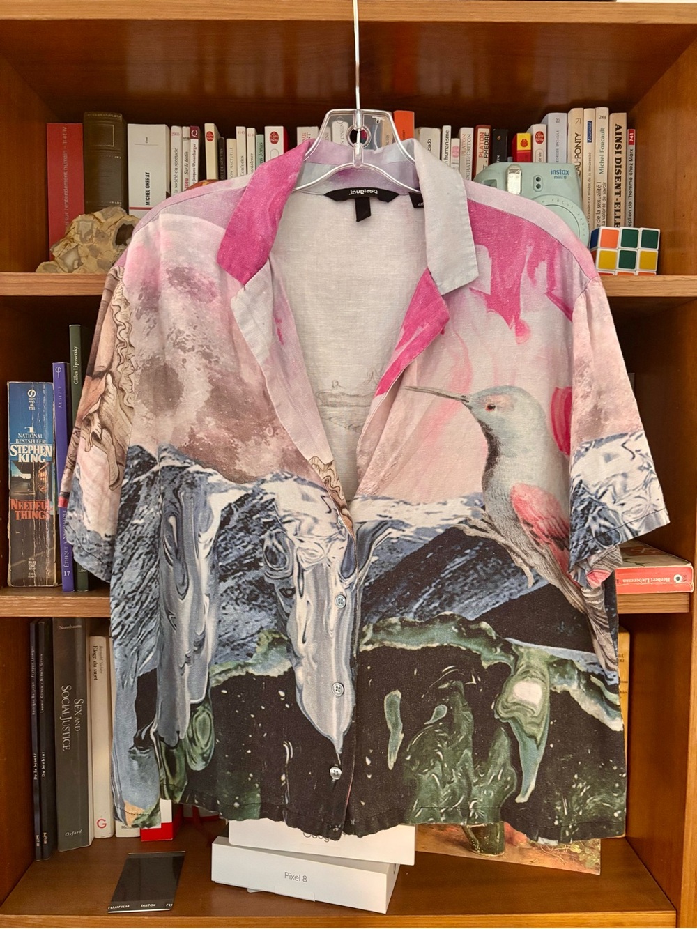 Desigual Pink Multi-Print Short Sleeve Shirt Jacket with Hummingbird Motif